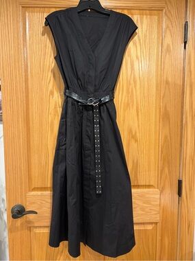 NEW Michael Kors XS black cotton summer midi dress studded belt button front